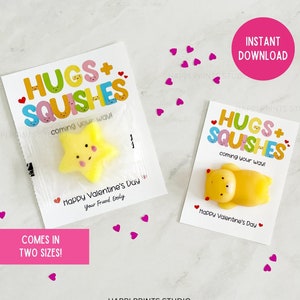 Cartão de troca de sala de aula Squishy Valentine, etiqueta Hugs and Squishes, impressão de dia dos namorados da escola, brinde de brinquedo Squishy Mochi, dia dos namorados sem doces