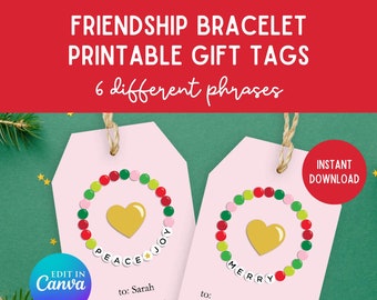 May include: Printable gift tags featuring friendship bracelets with different phrases such as "Peace, Joy" and "Merry". The tags are pink with a gold heart and colourful beads. The text "Edit in Canva" is in a blue circle.