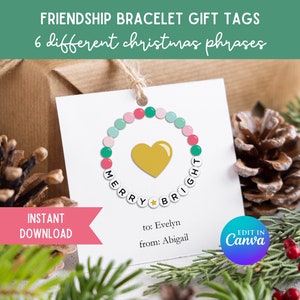 Editable Friendship Bracelet Christmas Gift Tag, Printable Christmas Gift Tag, Bracelet Christmas Decor, Merry Christmas Tag for Her