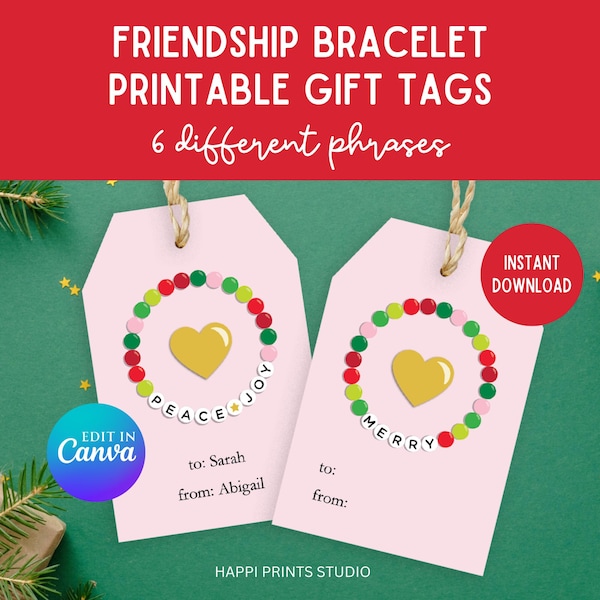 Editable Friendship Bracelet Christmas Gift Tag, Printable Gift Tag, Favor Tag, Merry Christmas Printable, Editable Canva Christmas Tag