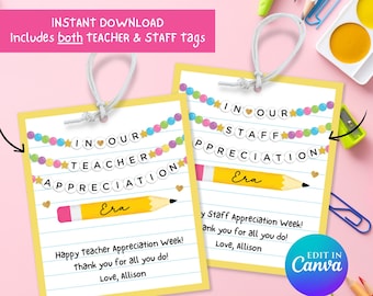 May include: Two printable teacher and staff appreciation tags with a yellow background, a pencil graphic, and the text "In Our Teacher Appreciation" and "In Our Staff Appreciation".