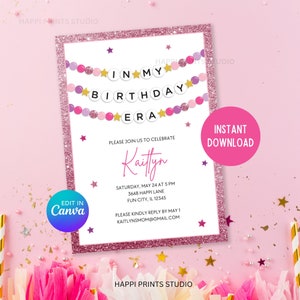 In My Birthday Era Digital Birthday Invitation, Editable Friendship Bracelet Birthday Printable, Girl Glitter Birthday, Eras Birthday Invite
