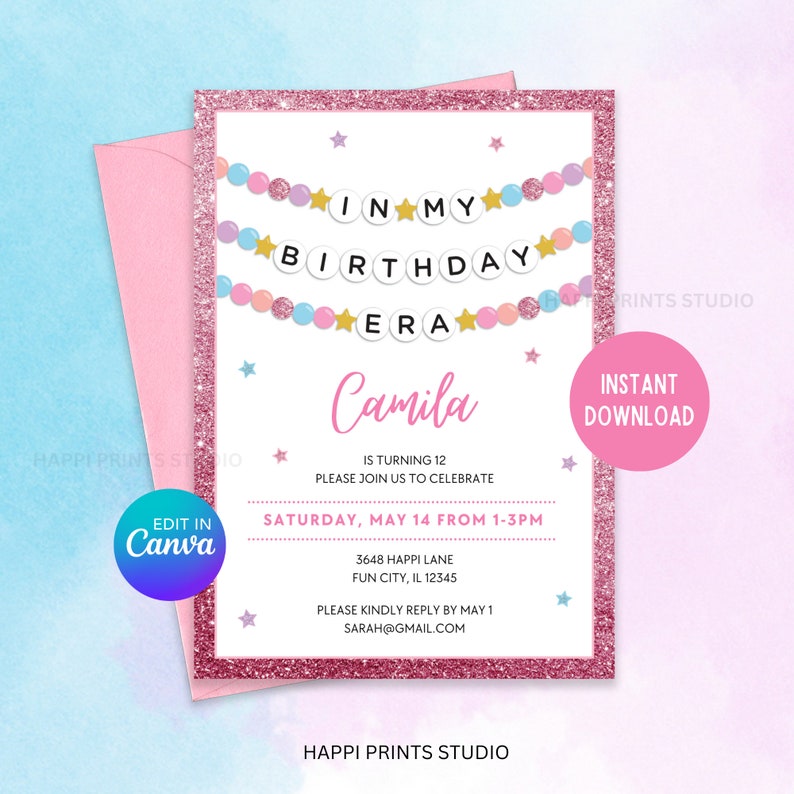 In My Birthday Era Friendship Bracelet Printable Invite, Editable Birthday Invitation, Pink Glitter Invite, Lover Birthday Invitation