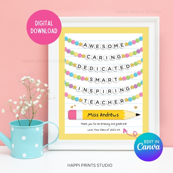 Teacher End of School Year Gift, Friendship Bracelet Teacher Wall Print, Teacher Era Sign Teacher Class Gift, Teacher Appreciation Week Gift