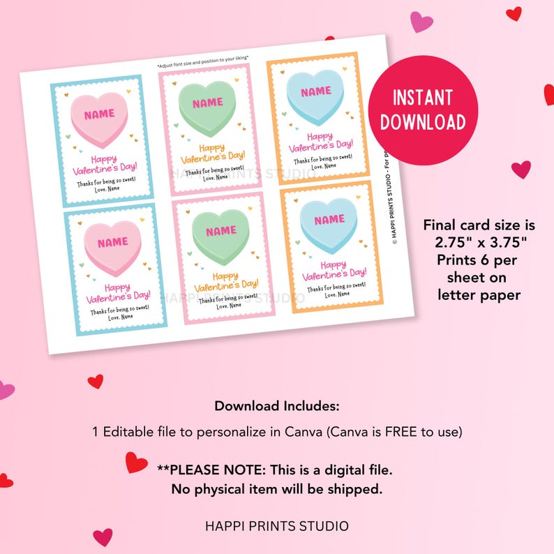 Custom Conversation Heart Candy Valentine Classmate Printable Gift Tag ...