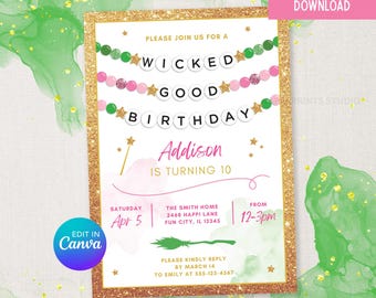 Wicked Birthday Digital Invitation, Editable Friendship Bracelet Invite, Tween Girl Wicked Good Witch Party, Pink and Green Printable Invite