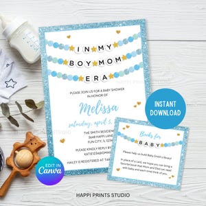 Invitación imprimible para baby shower de la era de mi niño, invitación editable para baby shower con pulsera de la amistad de la era del niño, baby shower de niño azul