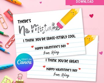 Pencil Eraser Valentine Classroom Exchange Card, Eraser Favor Tag, School Valentine Printable, Cute Pencil Class Favor, Non Candy Valentine