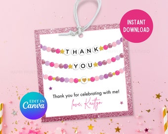 Pink Glitter Editable Friendship Bracelet Thank You Favor Tag, Printable Thank You Tag, Custom Favor Gift Tag, Eras Birthday Party Favor Tag