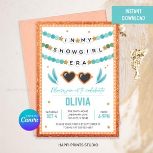 May include: A party invitation with a glittery orange border and a peach envelope. The invitation features the text "IN MY SHOWGIRL ERA" and "Please join us to celebrate OLIVIA". It includes event details and the option to edit in Canva.