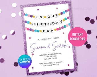 Twin Birthday Invite, In Our Birthday Era Invitation Printable, Editable Friendship Bracelet Invite, Joint Birthday, Eras Birthday Invite