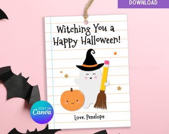 Läraretikett med Halloween-motiv, etikett med spöke och pennkvast till Halloween-student, redigerbar utskrivbar Halloween-gåva