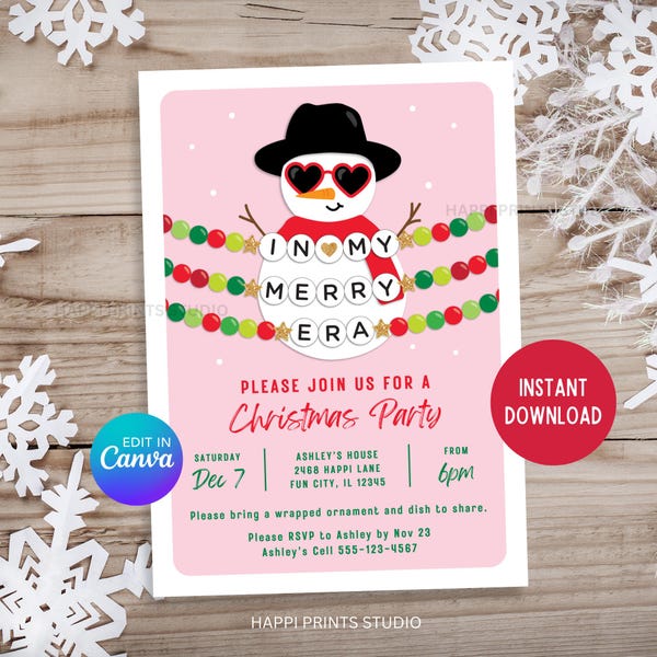 Schneemann Eras Weihnachtsfeier einladen, In meiner Merry Era Girls Night Weihnachtsfeier-Einladung, bearbeitbares Freundschaftsarmband Weihnachten einladen