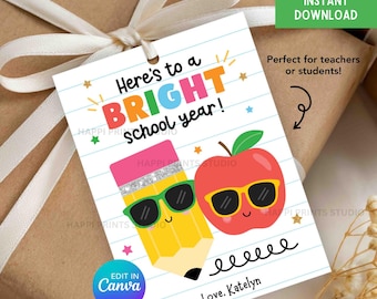 Bright School Year Teacher Tag, First Day of School Student Gift Tag, Editable Apple Pencil Sunglasses Back to School Tag (Digital Download)