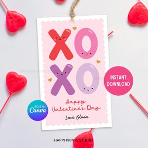 Étiquette XOXO Saint-Valentin, carte de Saint-Valentin câlins et bisous, étiquette imprimable école Saint-Valentin, étiquette de faveur modifiable de la Saint-Valentin visage mignon