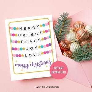 Paars roze vrolijke kerstkaart afdrukbaar, vriendschapsarmband kerstkaart, afdrukbare kerstkaart, afdrukbare kerstkaart downloaden