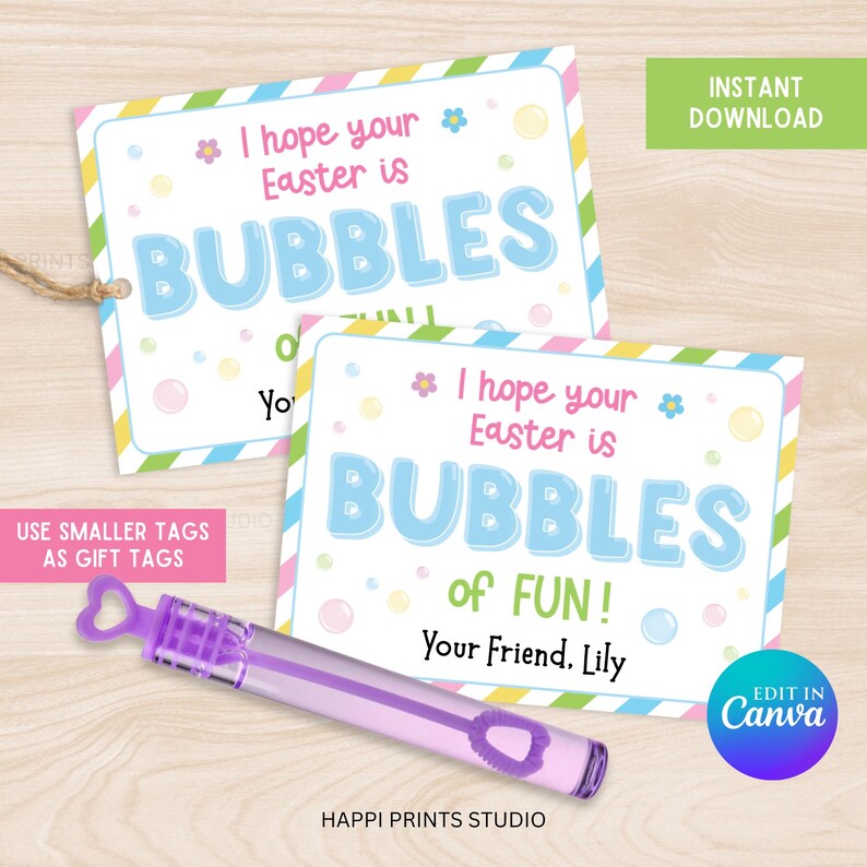 Easter Bubble Favor Printable Tag, Mini Bubble Wand Holder Easter Card ...