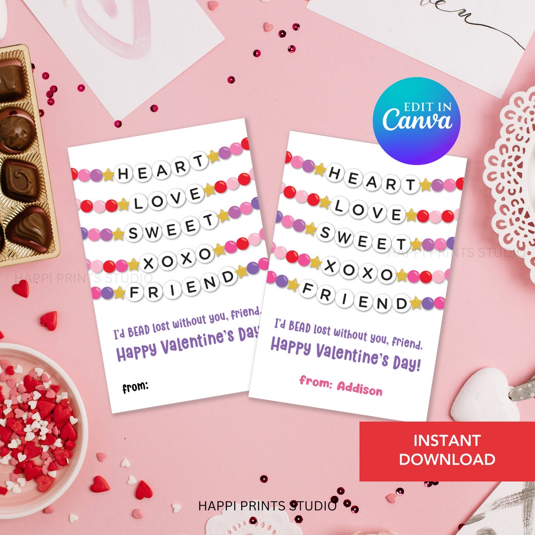 Friendship Bracelet Valentine Card, Valentine Classroom Exchange, Bead