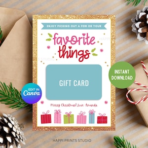 Porta-cartão de presente de Natal Favorite Things, porta-cartão de presente de Natal para impressão, porta-cartão de agradecimento para professor, porta-cartão de presente para namorada