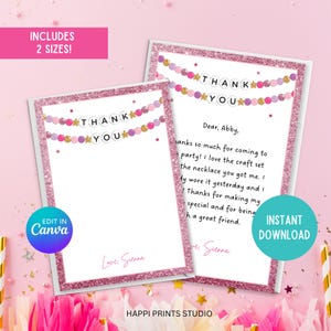 Biglietto di ringraziamento stampabile Birthday Era, biglietto di ringraziamento stampabile con braccialetto dell'amicizia modificabile, biglietto di ringraziamento con glitter rosa per compleanno 4x6