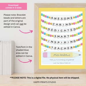 May include: Printable digital download of a teacher appreciation sign with a yellow background and a pencil border. The sign features a colorful beaded garland with the words "Awesome Caring Dedicated Smart Inspiring Teacher" and a space for the teacher's name and a personalized message.