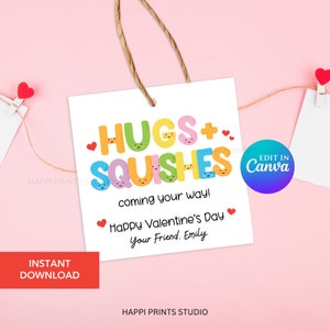 Hugs and Squishes Valentine Gift Tag, Squishies Valentine Classroom Exchange, Kid Valentine Favor Tag Printable, Mochi Squishy Toy Favor Tag