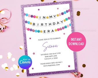 May include: Purple glitter birthday invitation with a banner that says "In My Birthday Era". The invitation is for Sienna's birthday party on May 24th at 5 PM. The address is 3648 Happi Lane, Fun City, IL 12345. The RSVP information is Kaitlyn@gmail.com.