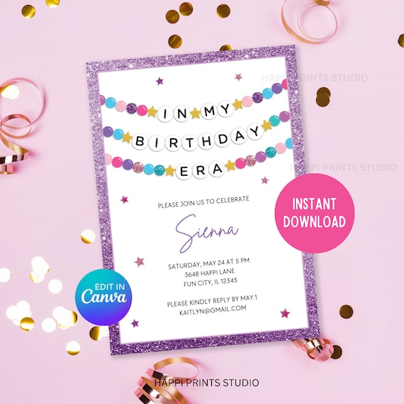 In My Birthday Era Birthday Invitation Printable, Editable Friendship Bracelet Birthday Invite, Girl Glitter Birthday, Eras Birthday Invite