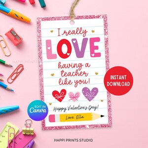 Etiqueta de regalo de San Valentín para maestros, etiqueta de regalo con forma de corazón y lápiz para maestros, etiqueta imprimible de San Valentín, etiqueta de regalo editable Love Teacher Like You