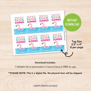 May include: A sheet of printable summer tags with a flamingo and pool float design. Each tag reads "Hope you have a COOL SUMMER." The tags are 2.5" x 4" and are available as an instant download.