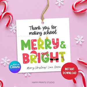 Etiqueta de presente Obrigado por tornar a escola alegre e brilhante, etiqueta de presente de Natal para professores, etiqueta de Natal fofa para crianças, pré-escola Obrigado para impressão