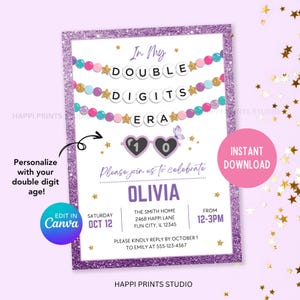 Convite digital da era dos meus dois dígitos, convite para impressão de 10º aniversário, convite para pulseira de amizade editável, aniversário da era das meninas pré-adolescentes