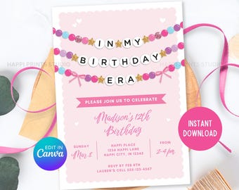 In My Birthday Era Coquette Pink Bow Digital Birthday Invitation, Tween Girl Eras Birthday Invite, Editable Friendship Bracelet Birthday