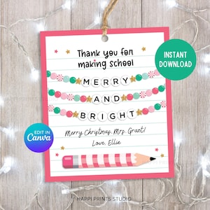 Printable Eras Christmas Friendship Bracelet Teacher Gift Tag, Thank You for Making School Merry and Bright Gift Tag, Candy Cane Pencil Tag