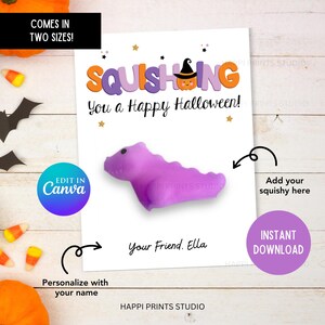 May include: A printable Halloween card with the text "SQUISHING You a Happy Halloween!" and a purple squishy toy. The card is decorated with stars and a pumpkin with a witch's hat. The text "Add your squishy here" is also included.