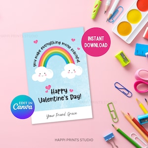 Könnte beinhalten: Eine hellblaue Valentinstagskarte mit Regenbogen, Wolken und dem Text "Happy Valentine's Day!" und "Du machst alles bunter." Die Karte enthält auch den Text "Bearbeiten in Canva" und "Sofort-Download."