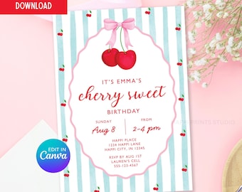 Puede incluir: Invitación de cumpleaños con temática de cerezas, con un fondo a rayas rosas y blancas. La invitación presenta un lazo rosa, dos cerezas rojas y el texto "It's Emma's cherry sweet birthday." Incluye fecha, hora e información RSVP.