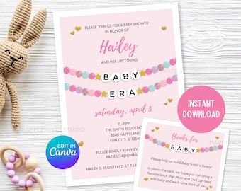 Pink Baby Era Baby Shower Invitation Printable, Editable Friendship Bracelet Baby Shower Invite, Baby Girl Baby Shower, In My Baby Era