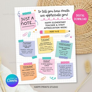 Puede incluir: Un imprimible de descarga digital para la Semana de Apreciación de Maestros y Personal de Happi Elementary. El diseño presenta notas adhesivas coloridas con actividades diarias, incluyendo escribir tarjetas de agradecimiento.