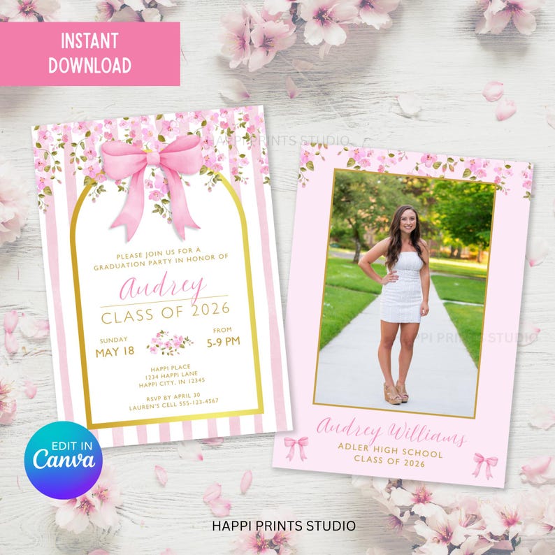 Floral Pink Ribbon Graduation Party Digital Invitation, Editable ...