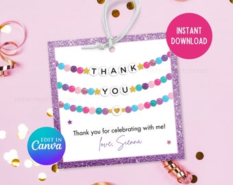 May include: Purple glitter thank you tag with a string for hanging. The tag features a beaded garland with the words "THANK YOU" in white letters. The text "Thank you for celebrating with me! love, Sienna" is printed below the garland.