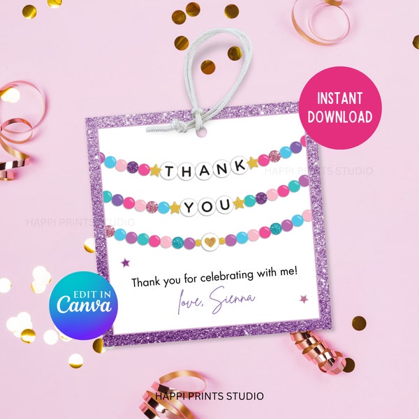 Editable Friendship Bracelet Thank You Tag, Printable Favor Gift Tag, Eras Birthday Favor Treat Tag, Birthday Party Favor Goodie Bag Tag