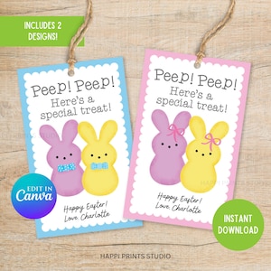 Étiquette-cadeau imprimable de panier de Pâques Peep Bunny, étiquette de Pâques modifiable de lapin mignon mignon, étiquette de cadeau de Pâques pour enfant