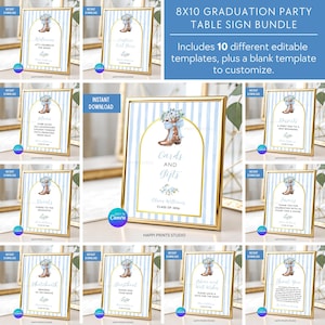 May include: A collection of 8x10 graduation party table signs with a blue and white striped background and gold frames. The signs feature a cowboy boot and floral design. Text includes "Welcome", "Cards and Gifts", and "Thank You".