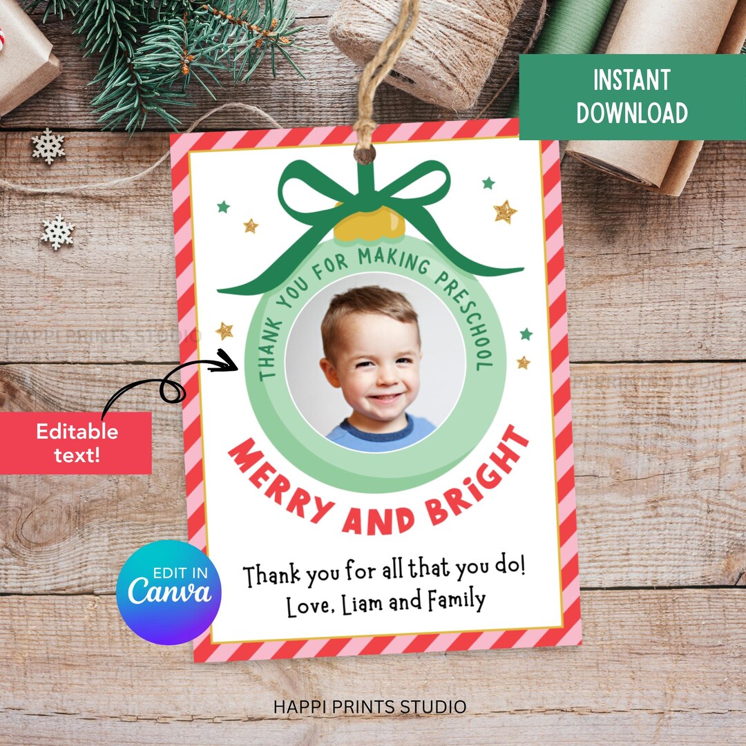 Editable Photo Ornament Christmas Gift Tag, Merry and Bright School ...