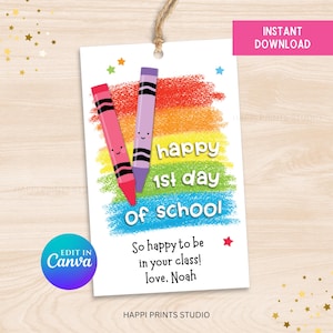 Happy First Day of School Crayon Rainbow Color Gift Tag, Back to School Gift Tag, Editable Cute Kindergarten Crayon Student Teacher Gift Tag