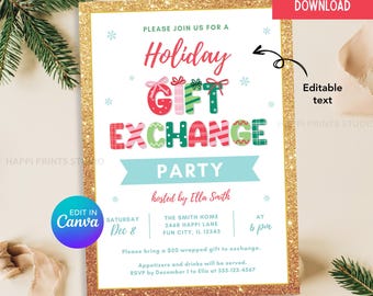 May include: A Christmas-themed invitation for a Holiday Gift Exchange Party. The design has a gold glitter border, with text in red, green, and blue. The invitation includes the date, time, and location details.
