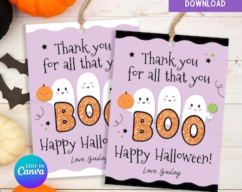 May include: Two lavender Halloween gift tags with the text "Thank you for all that you BOO Happy Halloween!" and "Love, Bailey." The tags feature ghosts, pumpkins, and stars. The word "BOO" is in gold glitter.