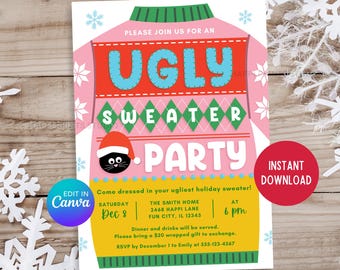 May include: Pink and green Ugly Sweater Party invitation with a black cat wearing a Santa hat. The invitation includes the date, time, and location of the party. It also says "Come dressed in your ugliest holiday sweater!" and "RSVP by December 1 to Emily at 555-123-4567".