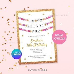 In My Golden Era Digital Invitation, Golden Birthday Invite, Editable Friendship Bracelet Birthday Printable, Tween Girl Eras Birthday